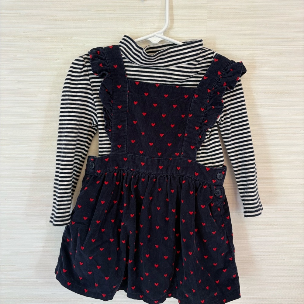 GAP Navy Pinafore Dress with Red Heart Print and Striped Top
